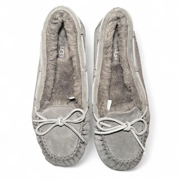 UGG Ansley Moccasin Slippers Women’s Size 11 Gray Suede Sheepskin Fur Lined - Picture 1 of 8
